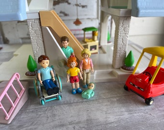 Vintage Little Tikes Doll House Blue Roof - Plus Family, Wheelchair, Car and Kitchen Pieces