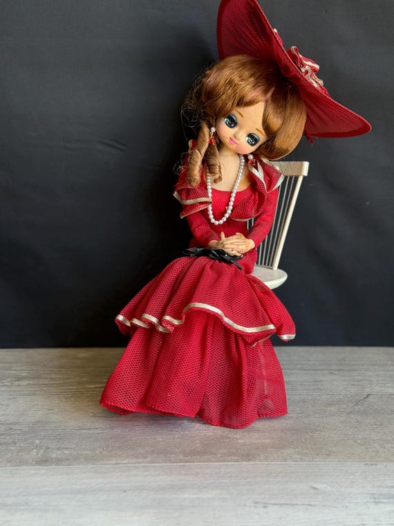 Vintage Bradley Big Eye Doll: 1970s Mod Red Dress, Made in Japan
