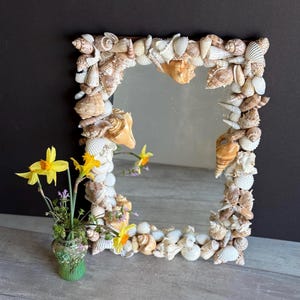 Vintage Seashell Mirror Handmade Folk Art Rectangular Seaside Cottage Decor
