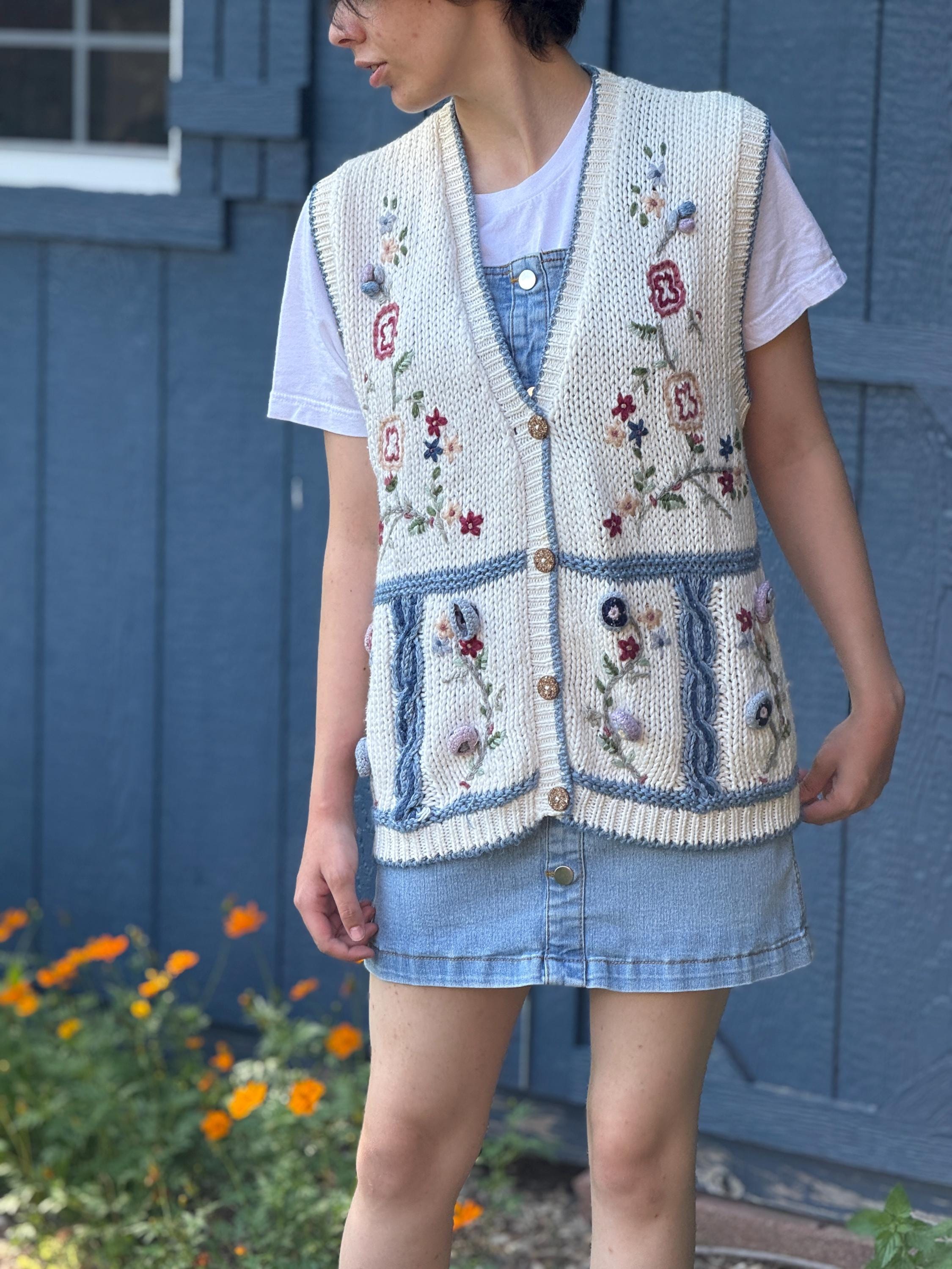 Vintage Sweater Vest - Handknit 1990s Blue and Pink Floral - Etsy