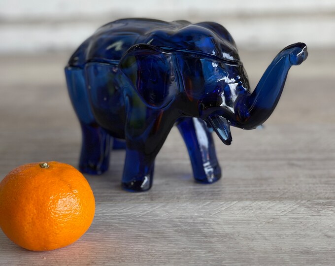 Vintage Tiara Glass Elephant Cobalt Blue Trinket Box Candy Dish Indiana