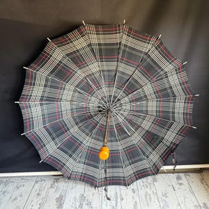 Vintage Plaid Umbrella Bakelite Handle Wooden Rod 1950s