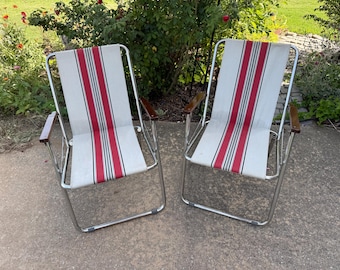 Vintage Folding Chairs: Elite Chrome Striped Canvas 1970s Deck Chairs