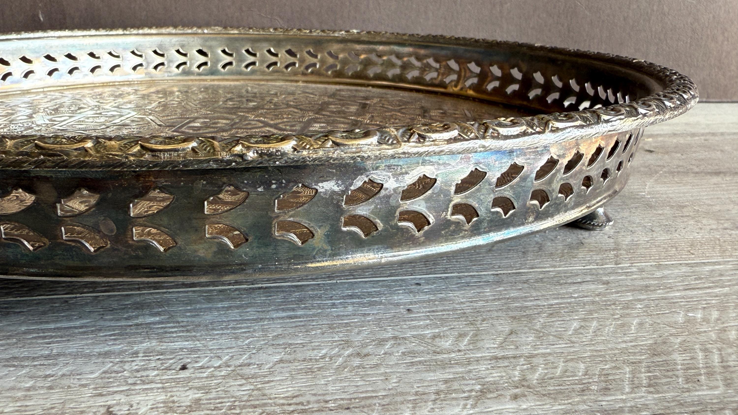 Vintage Silver Tray - Moroccan Footed Filigree Edge Etched