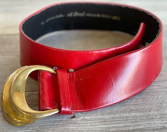 Vintage Wide Red Leather Belt Brass Buckle  2.5 inches Wide by A. Brod 28 Inches 1980s