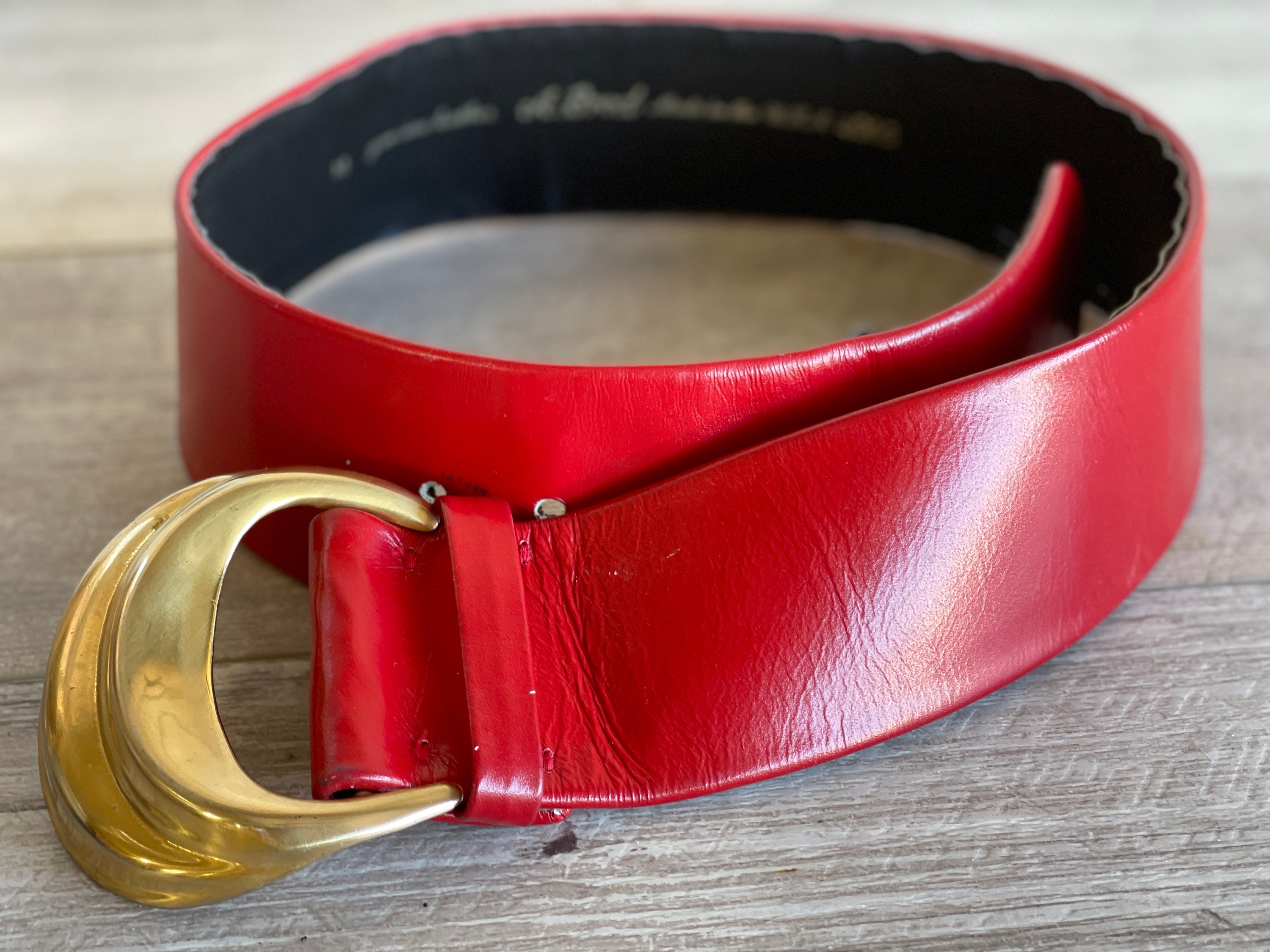 Vintage Wide Red Genuine Leather Adjustable Chunky Brass Buckle Belt Size M/L 29”-31” Red Vintage Distressed Wide Leather Belt With Double  main image 3