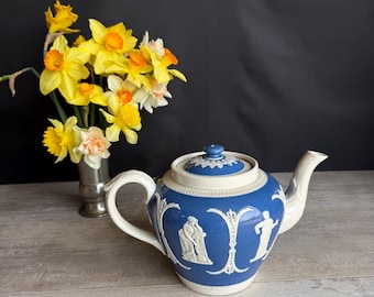 Antique Teapot Hanley Dudson Wedgwood Jasperware Blue and White Tea Pot