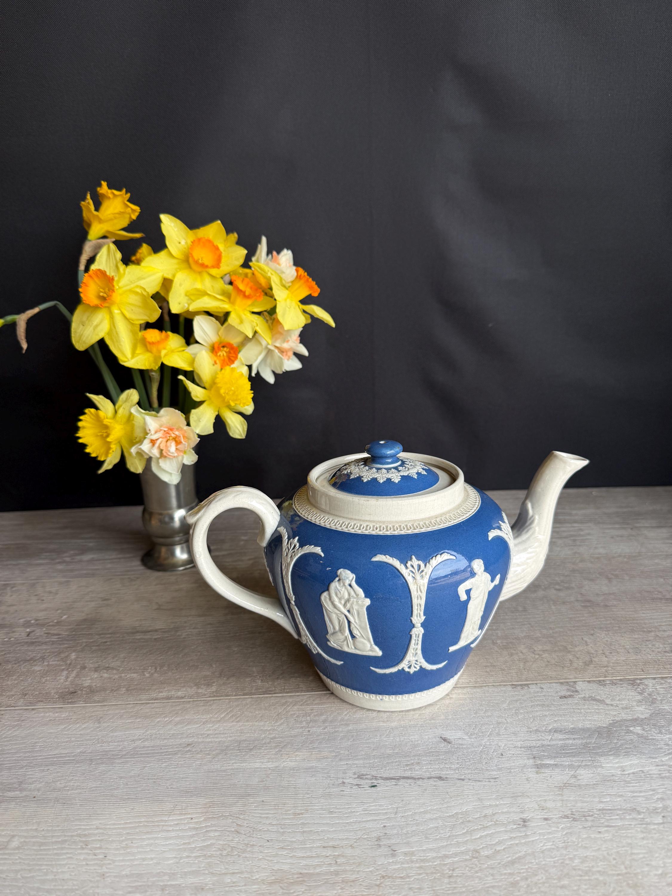 Antique Teapot Hanley Dudson Wedgwood Jasperware Blue and White