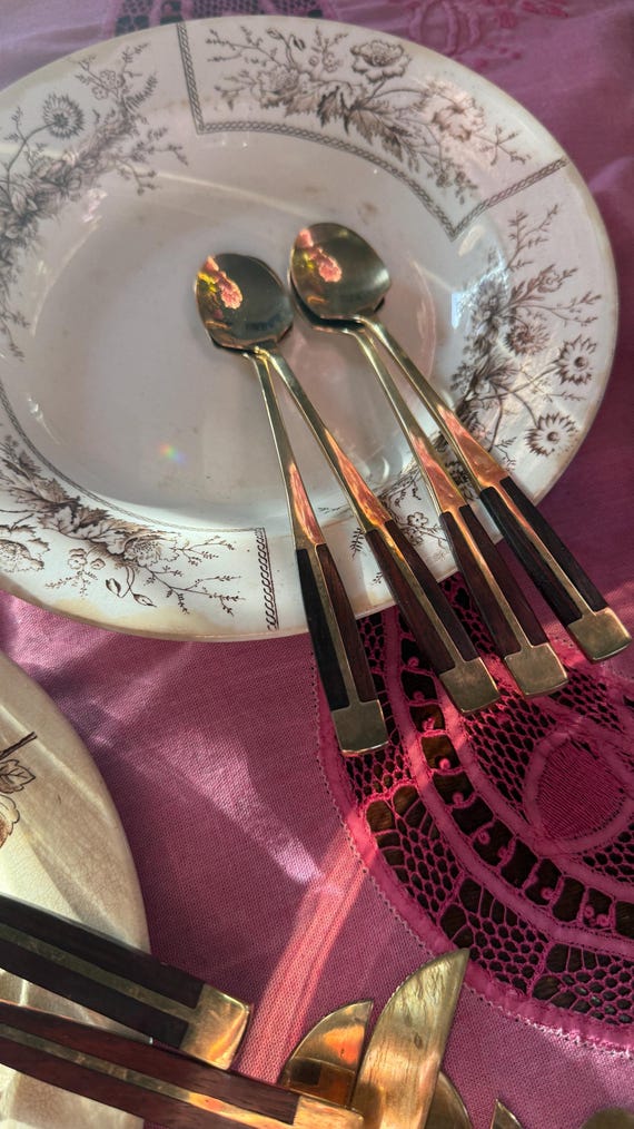 Vintage Brass Flatware Set: Thailand Rosewood Handles, 58 Pieces