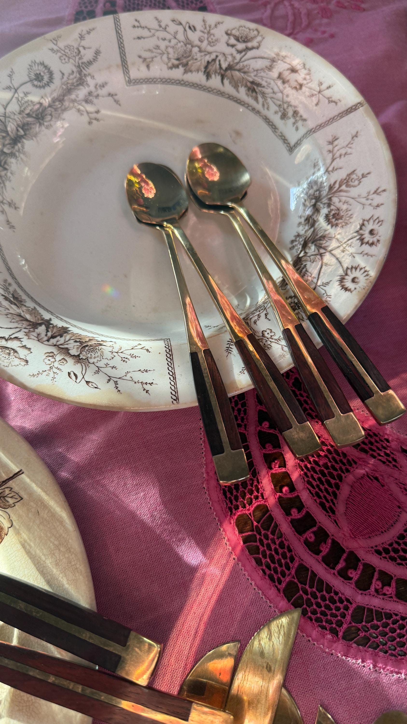 Vintage Brass Flatware Set: Thailand Rosewood Handles, 58 Pieces