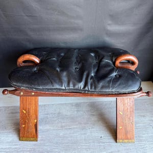Vintage Moroccan Camel Saddle Seat Stool with Brass Inlay : As Is