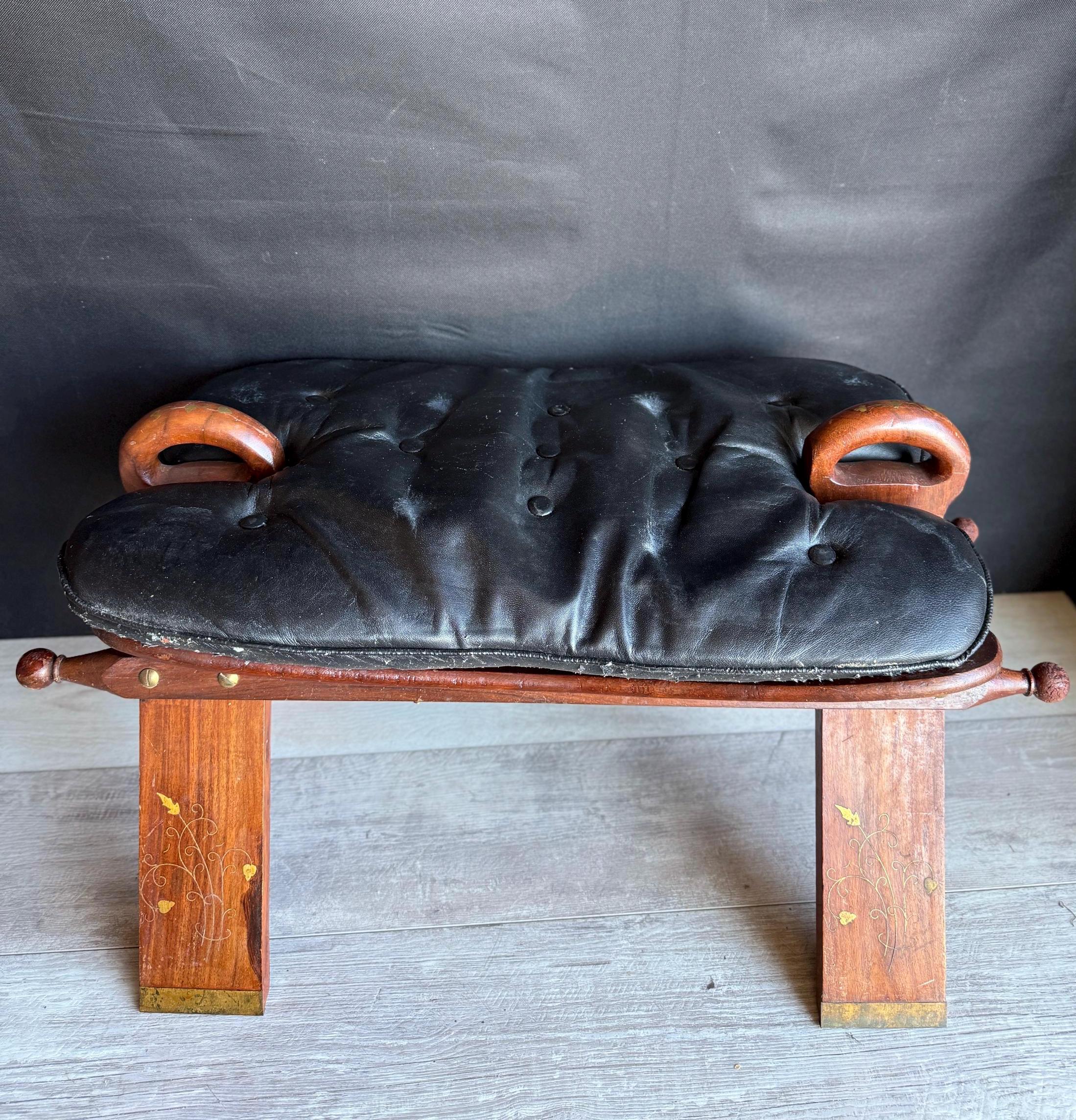 Vintage Camel Saddle Solid Wood Metal with Leather Tie Strap 