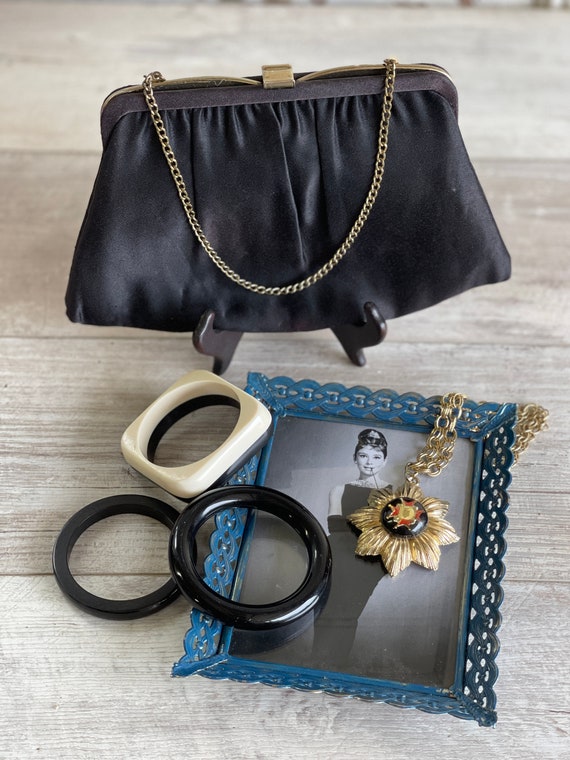 Vintage Bakelite Bracelets, Satin Clutch and Meda… - image 10