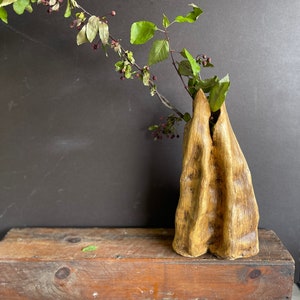 May include: A rustic, hand-crafted ceramic vase with a unique, organic shape. The vase is a light brown color with a textured surface and is filled with a sprig of green leaves and small, dark purple berries.