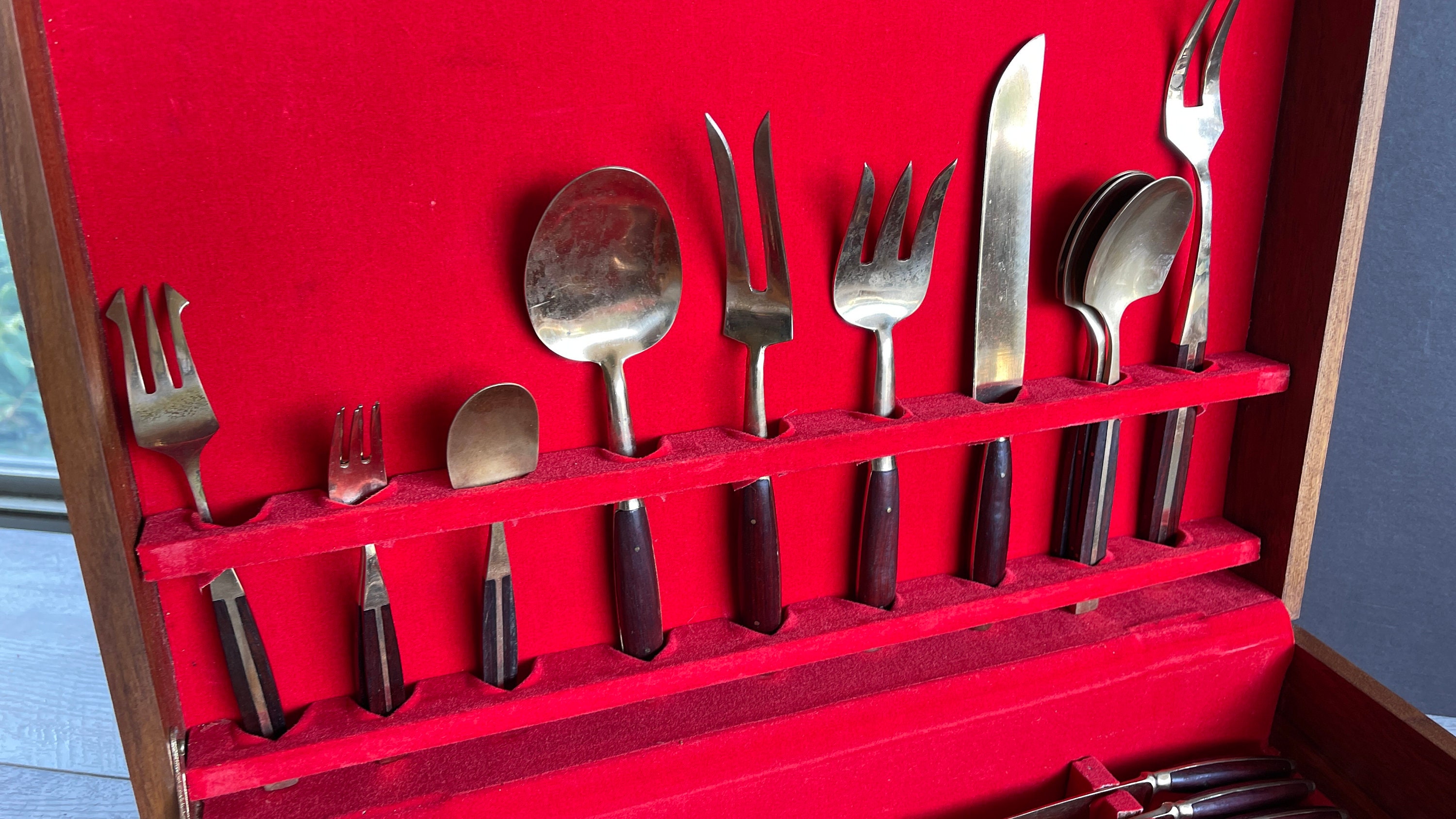 Vintage Brass Flatware Set: Thailand Rosewood Handles, 58 Pieces