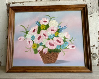 Vintage Painting- Floral Amateur Art Bouquet Pink and Blue - 16 x 20 Canvas