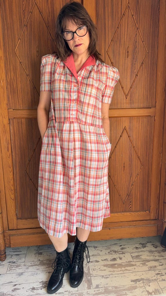 Vintage Handmade Plaid Dress - 1970s Housedress -… - image 5