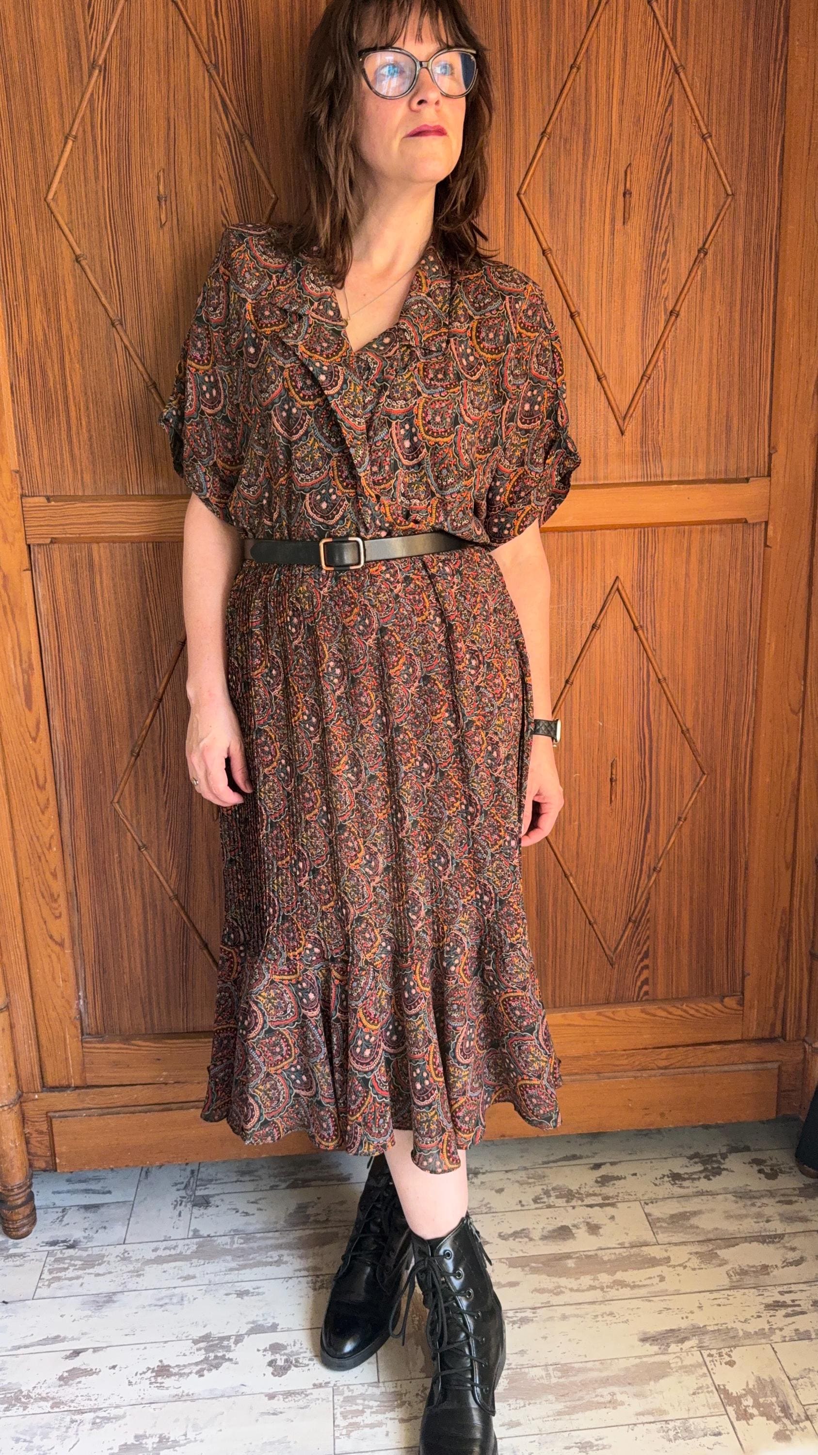 1980s Paisley Midi Dress - Brown Sheer Wrap Shirt Dress, Size L - Etsy