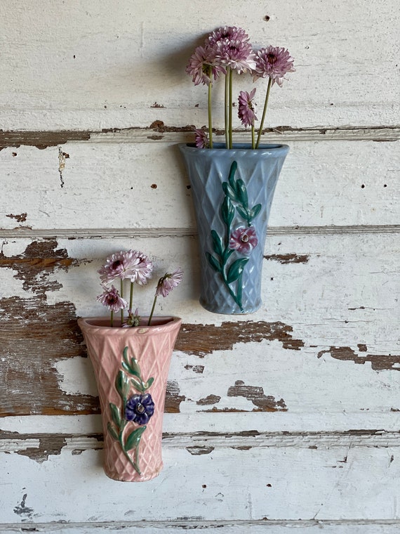 Vintage Morton Pottery Wall Pocket Vases - Pink and Blue Cottage