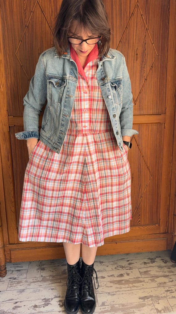 Vintage Handmade Plaid Dress - 1970s Housedress -… - image 7