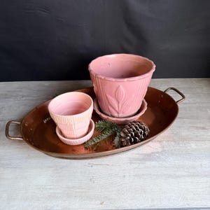 May include: Two pink ceramic flower pots with matching saucers sit on a copper-colored oval tray with handles. A pine cone and sprig of greenery are also on the tray. The pots have textured designs.