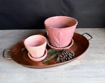 May include: Two pink ceramic plant pots with saucers on a copper-coloured oval tray with handles. A pine cone and a sprig of greenery are also on the tray. The pots have textured designs.