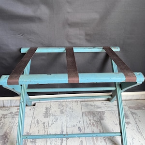 Vintage Folding Luggage Rack Holder - Painted Wooden with Straps
