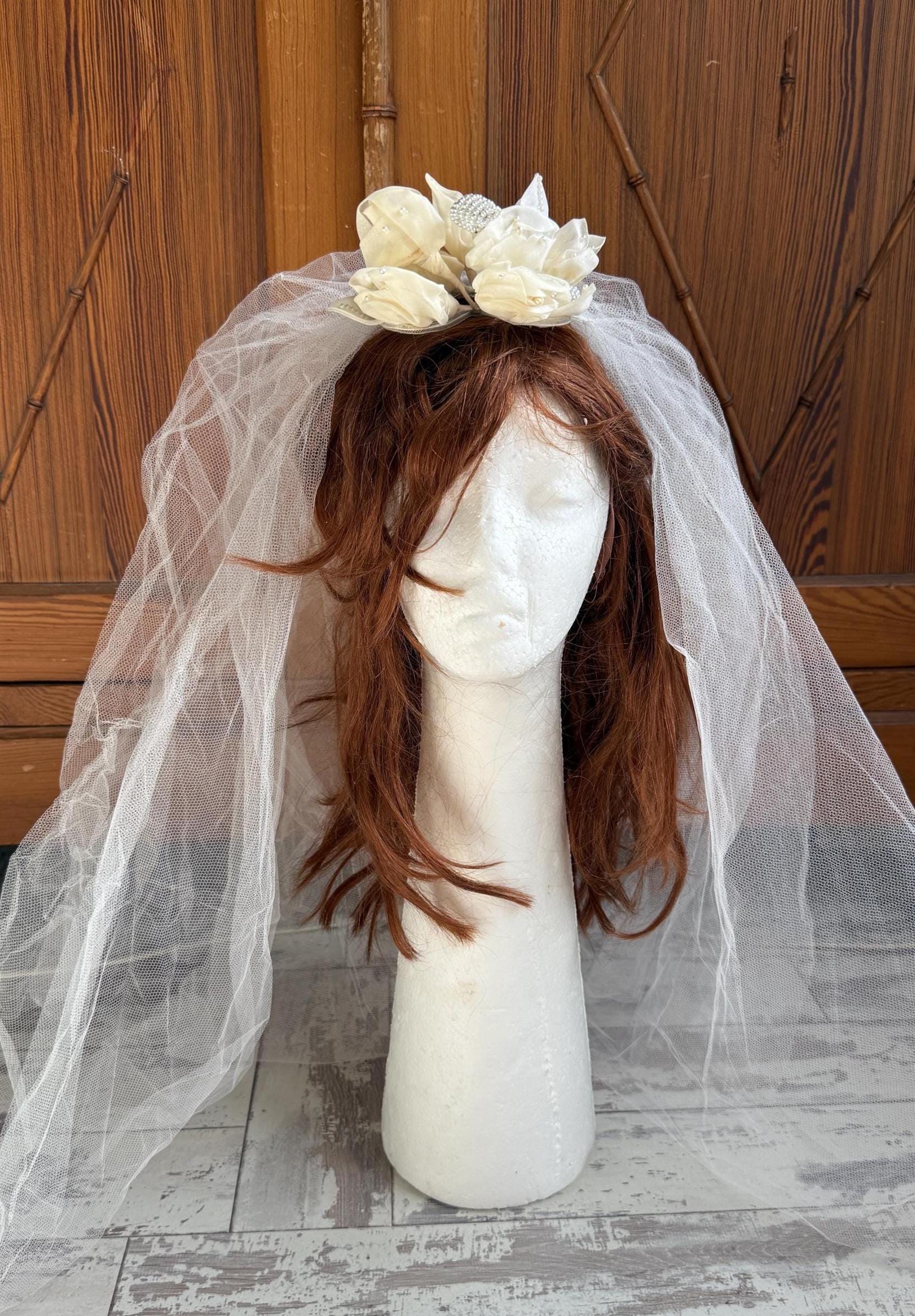 Vintage Veil - Tulle Beaded Comb - Satin Flowers - 1960s Era  display picture 3