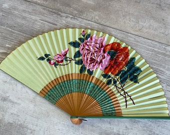 Antique Japanese Dance Fan - Made in Occupied Japan - Green Floral Bamboo