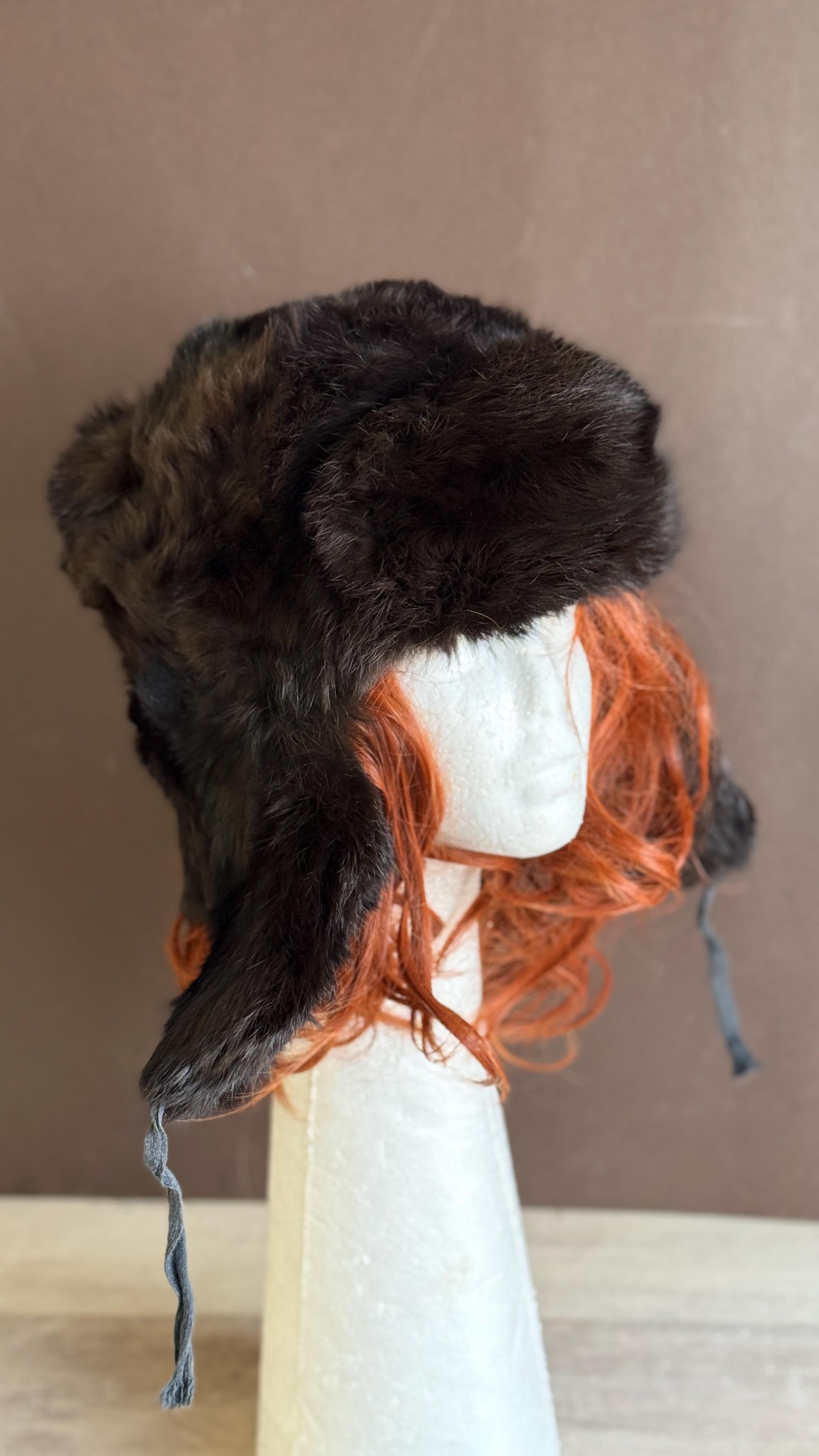 Vintage Fur Trapper Hat Ear Flaps Black Rabbit Russian Small Size  Gorgeous, Warm and Soft