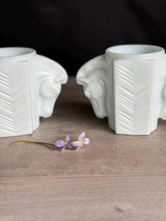 Vintage Horse Head Milk Glass Vases – Art Deco Macbeth Evans Set