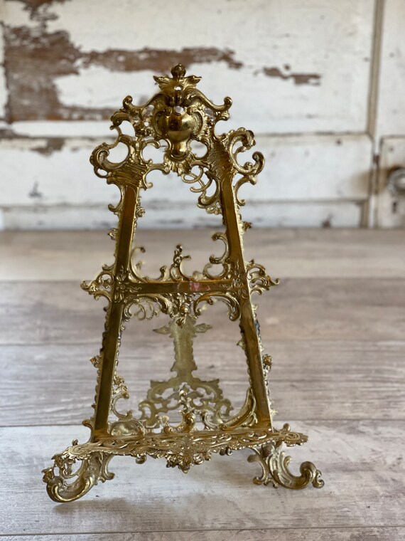 Solid Brass Picture Display Stand  Easel Plate Holder/ Vintage Ornate Book Easel 