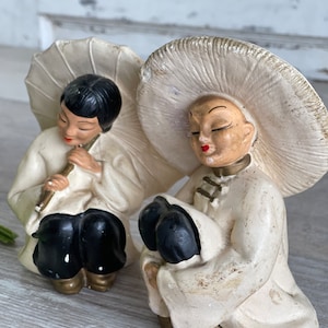 Vintage Chalkware Plaster Asian Figurines - Boy Girl Japanese 1950 Figurines