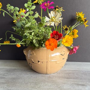 May include: A tan ceramic bowl filled with a variety of colorful flowers. The flowers include yellow, orange, red, pink, and white blooms, with green foliage. The bowl has a rustic, textured appearance and is set against a dark background.