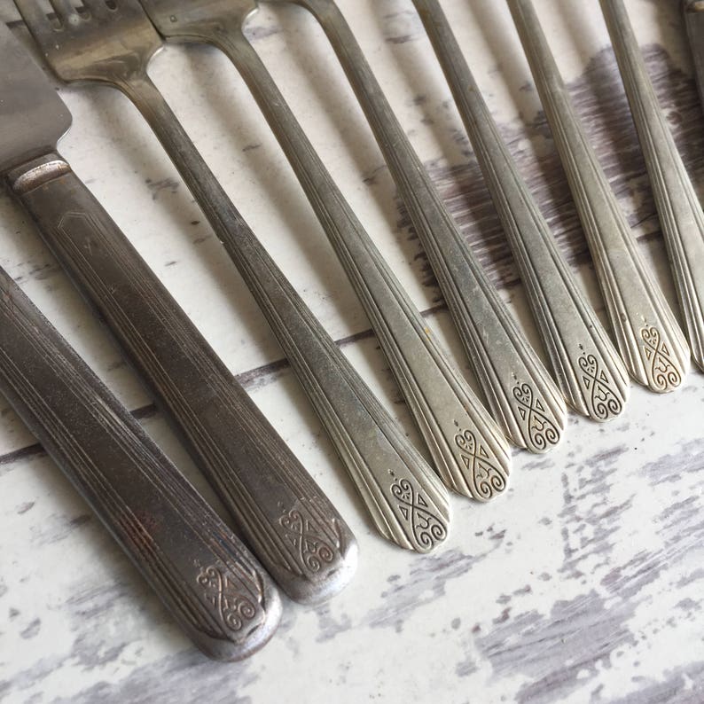 1920s Drexel Moderne Vintage Silverplate Antique Flatware 6 Forks 4 Knives c
