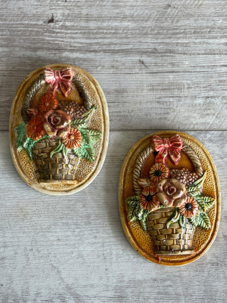 Vintage Plaster Chalkware Plaques Basket Bouquets 3D Etsy