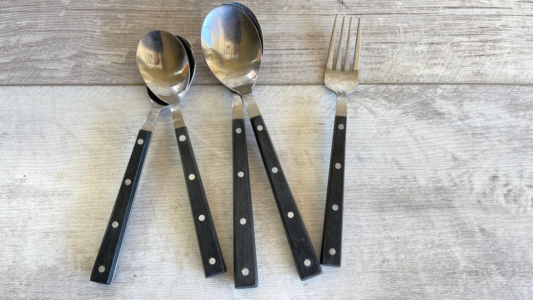 Vintage Mid Century Flatware Black Handle 1970s Bakelite Handle 4