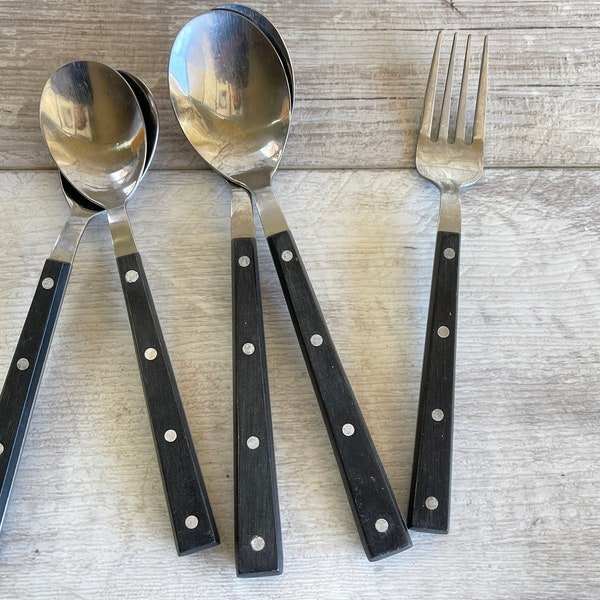 Vintage Mid Century Flatware - Black Handle 1970s Bakelite Handle 4 Riveted - Mixed Lot