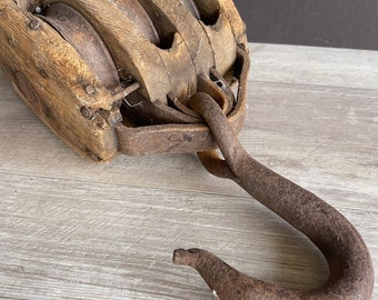 Antique Block and Tackle Triple Pulley - Oak and Iron