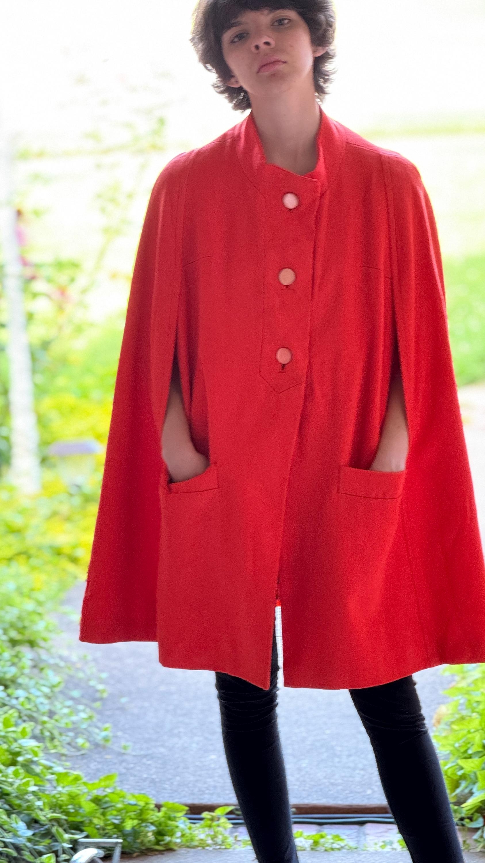 Vintage Cape Coat 1960s Fully Lined - Slit Sleeve Tomato Red