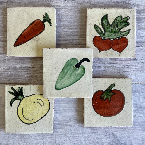 Vintage Mexican Tiles - 4 x 4 Vegetables - Handpainted Majolica Discontinued Tomato, Pepper, Onion, Radish, Carrot