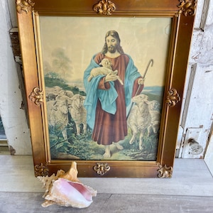 Vintage Print Jesus The Good Shepherd- Large Framed Lithograph Antique Gesso Frame