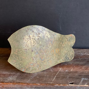Vintage Brass Fish Belt Buckle - Womens Artisanal Etched Patina Boho