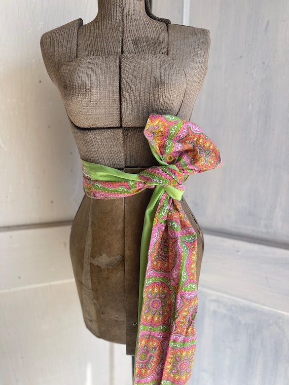 Vintage Sash Obi Belt Scarf Green and Pink Long C… - image 1