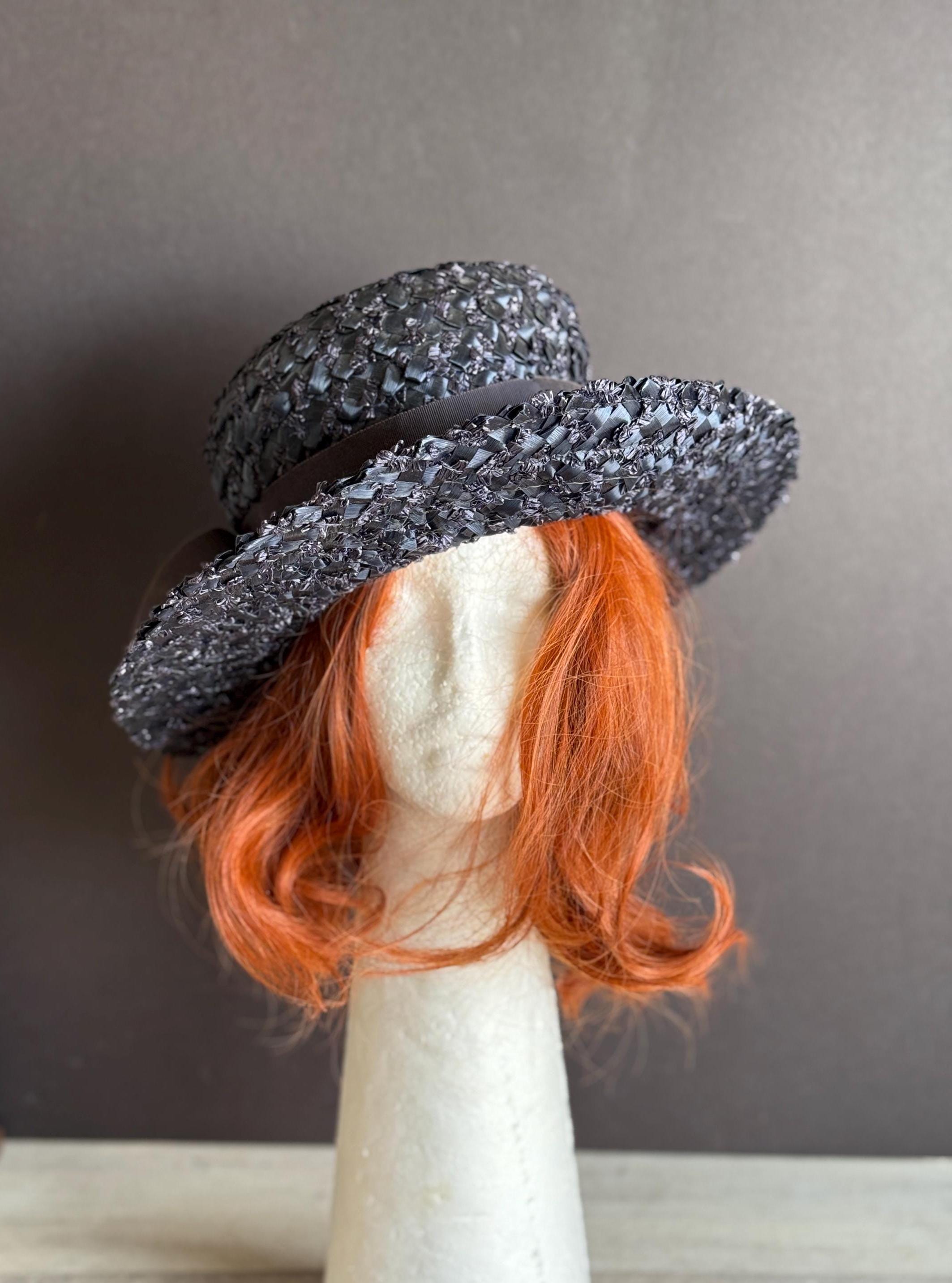 Vintage Hat - Navy Blue Straw Woven 1960s Grosgrain Ribbon
