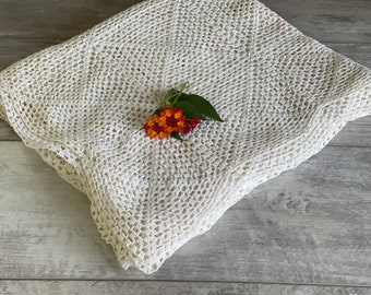 Vintage Tablecloth Handmade Crochet Winter White 52 x 60
