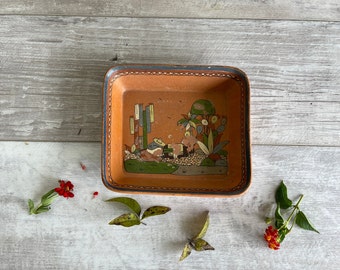 Vintage Mexican Tlaquepaque Redware Pottery Dish 1950s Handpainted Terra Cotta -Redware Pottery Dish Wall Hanging