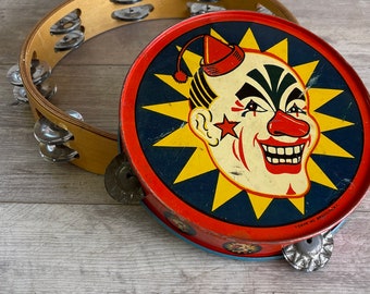 Vintage Tambourine - Tin - Clown c. 1930s T. Cohn Inc, Brooklyn, NY