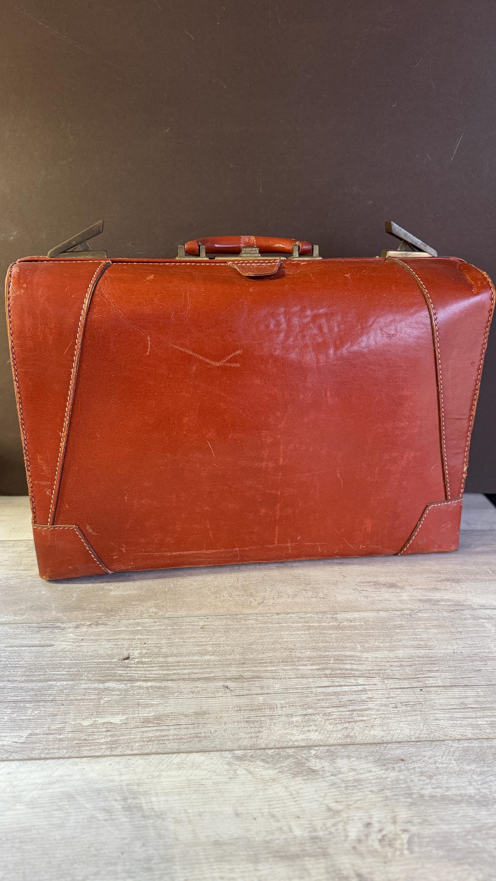 Vintage Suitcase Aniline Cowhide Valise Luggage - Top Grain 1960s