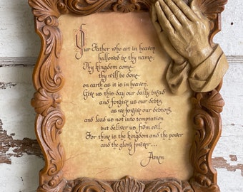 Vintage Framed The Lord's Prayer - 1960s Burwood 3D Praying Hands Frame